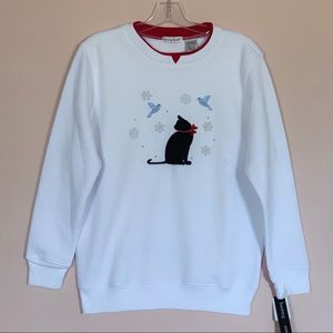 NWT Cat Embroidered Round Neck Long Sleeve Pullover Sweatshirt